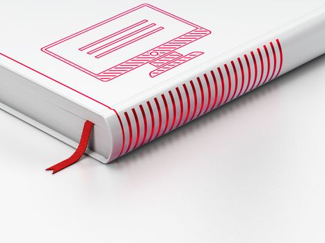 Web development concept: closed book with Red Monitor icon on floor, white background, 3D rendering