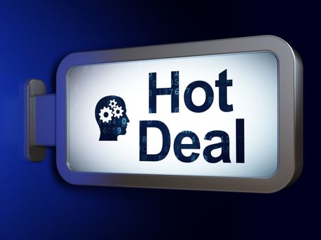 Business concept: Hot Deal and Head With Gears on advertising billboard background, 3D rendering