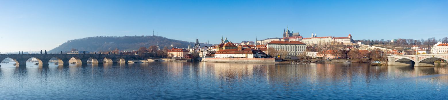 View of the Cathedral of St. Vitus, Prague castle and the Vltava River in advent christmas time, Prague cityscape, Czech Republic.