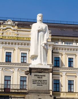 Princess Olga monument. Figure of Princess Olga - first known female ruler of country. Monument is placed on Mikhailovska square across Archangel Michael Gold-domed cathedral. Kiev, Ukraine. 