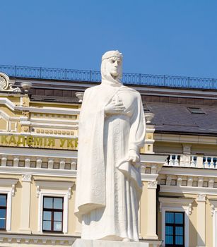 Princess Olga monument. Figure of Princess Olga - first known female ruler of country. Monument is placed on Mikhailovska square across Archangel Michael Gold-domed cathedral. Kiev, Ukraine. 