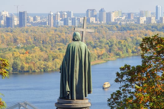 View of the monument of St Vladimir, the Baptist of Russia with the Dnieper river and the city of Kiev in Background