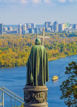 View of the monument of St Vladimir, the Baptist of Russia with the Dnieper river and the city of Kiev in Background