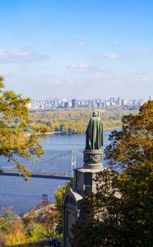 View of the monument of St Vladimir, the Baptist of Russia with the Dnieper river and the city of Kiev in Background
