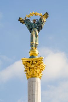 Statue of Berehynia on the top of Independence Monument on the Maidan Nezalezhnosti in Kiev, Ukraine