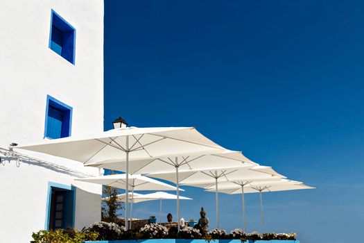 Restaurant with summer terrace and sea views. Horizontal image.