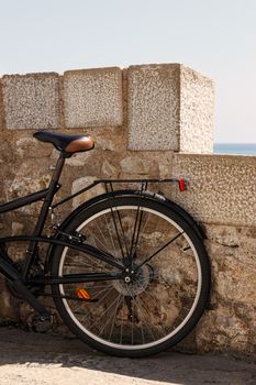 Mountain bike leaning against a wall. Vertical image.