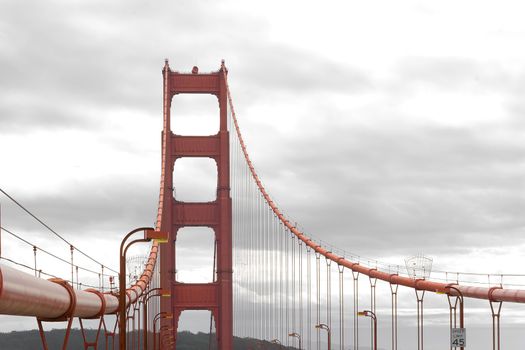 Zoom of heavy traffic on Golden Gate Bridge, connecting San Francisco to Marin County, warm air rising from road and cars in the front