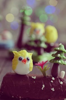 Amazing xmas background from clay art, snowman, owl, bird, christmas tree diy from clay material, wonderful craft to make Xmas ornament to decor in winter holiday