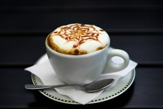 cup of cappuccino, cup of coffee, cup of coffee on brown wooden table