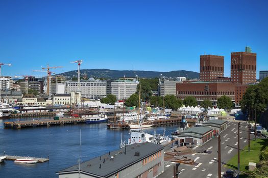 View of panorama on Oslo Harbour and Oslo City Hall in Oslo, Norway