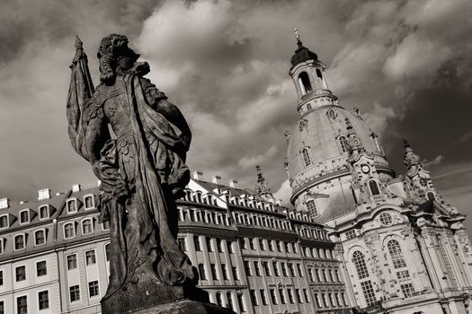 View from Turks fountain (Friedensbrunnen) to Church of Our Lady in Dresden, Germany