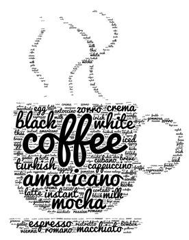 Coffee word cloud concept in shape of cup