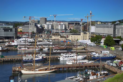 OSLO, NORWAY – AUGUST 17, 2016: View of panorama on Oslo Harbour from Akershus fortress in Oslo, Norway on August 17, 2016.