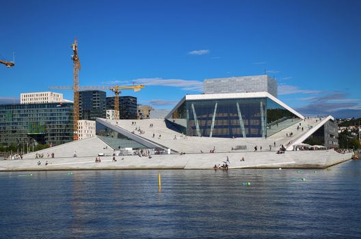 OSLO, NORWAY – AUGUST 17, 2016: Tourist on the Oslo Opera House which is home of Norwegian National Opera and Ballet and National Opera Theatre in Oslo, Norway on August 17,2016.