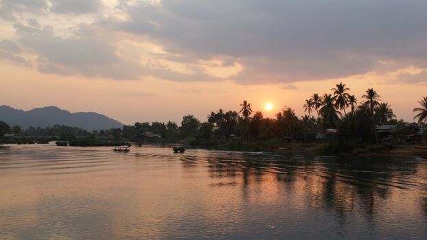 Sundown on Ban Khone village, Don Khone Island within the Mekong river, Laos, Asia