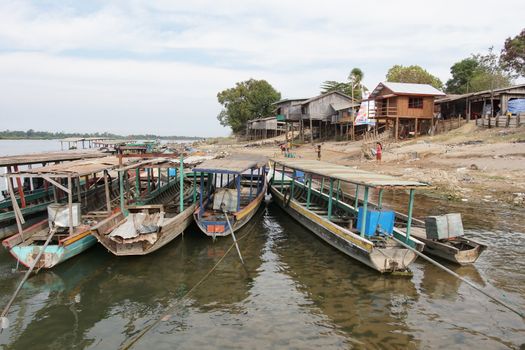 SI PHAN DON, LAOS - FEBRUARY 25, 2016: Typical village allong the Mekong river on February 25, 2016 in Laos, Asia