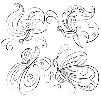 Illustration - four different butterflies without a fill color on a white background