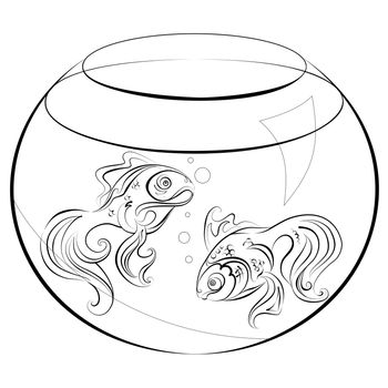 Illustration no fill color - two stylized goldfish in an aquarium