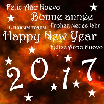 Happy new year 2017, in red sky background with stars - 3D render
