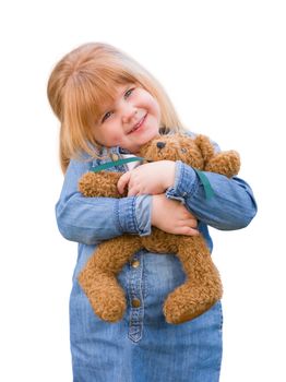 Cute Little Girl Holding Her Teddy Bear Isolated on a White Background.