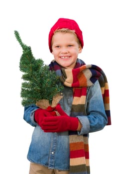 Young Boy Wearing Mittens and Scarf Holding Christmas Tree Isolated on a White Background.