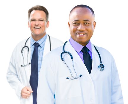 African American and Caucasian Male Doctors Isolated on a White Background.
