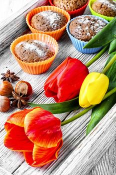cupcake dessert and freshly cut tulips for Valentine's day