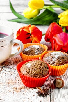 cupcake dessert and freshly cut tulips for Valentine's day