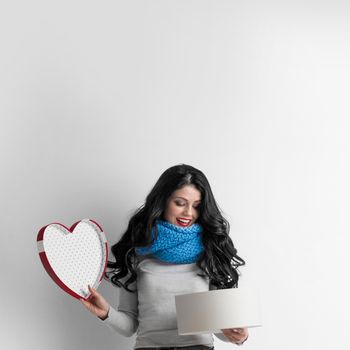Woman open heart shaped box, Valentines day love concept
