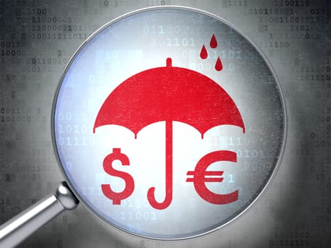 Safety concept: magnifying optical glass with Money And Umbrella icon on digital background, 3D rendering