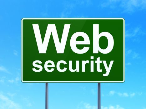 Protection concept: Web Security on green road highway sign, clear blue sky background, 3D rendering