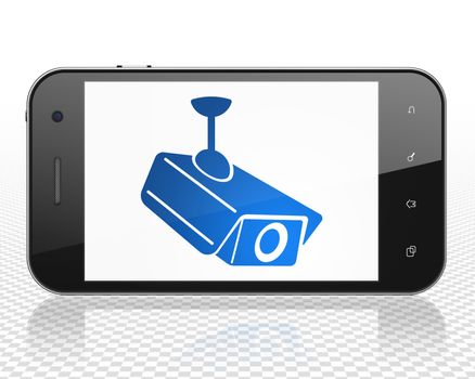 Safety concept: Smartphone with blue Cctv Camera icon on display, 3D rendering