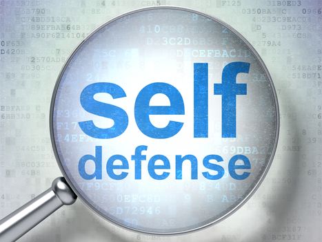 Safety concept: magnifying optical glass with words Self Defense on digital background, 3D rendering