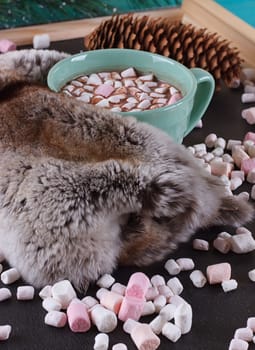 Hot chocolate with marshmallows and fur around.