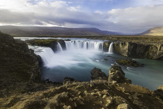 Godafoss is in located in river Skjalfandafljot which runs through Bardardalur and Kinn in Northeast Iceland