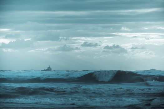 the landscape sea waves on sunset background