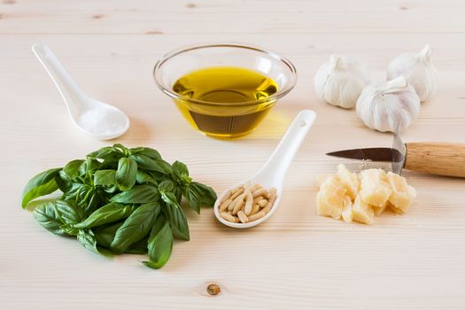 Ingredients for pesto genovese sauce on a table