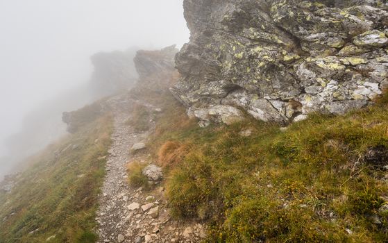 Hiking Trail on the Hill in the Mountains in the Mist