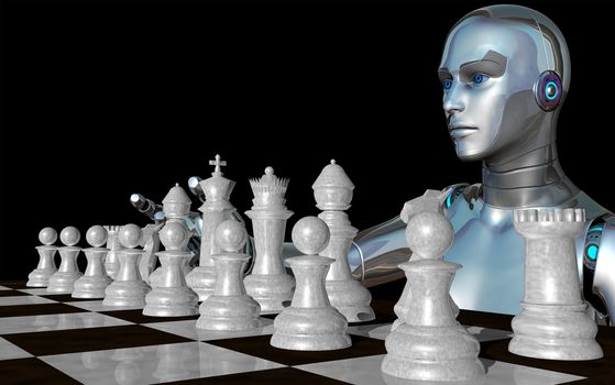 Female robot playing with the white chess pieces - 3d rendering