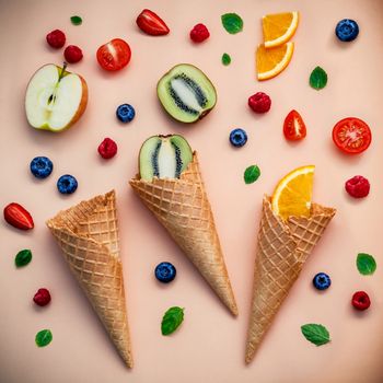 Cones and colorful various fruits raspberry ,blueberry ,strawberry ,orange slice , half kiwi ,apple,tomato and peppermint leaves set up on brown background . Summer and Sweet menu concept flat lay.