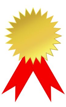Golden round badge with two red ribbons, isolated on white