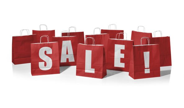 Red shopping bags forming the word Sale! on a white background
