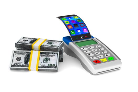 payment terminal and cash on white background. Isolated 3d image