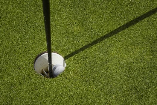 Golf ball sit inside cup on golf course putting green with flag. 