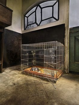 dog kennel on farm with a large bone and water bowl