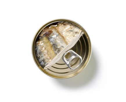 Canned fish in tin on white background