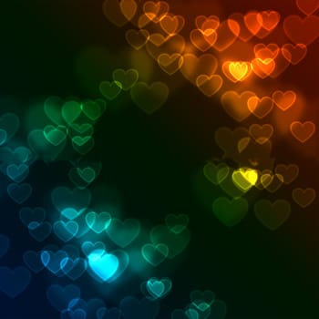 a blue bokeh background with multi-colored hearts