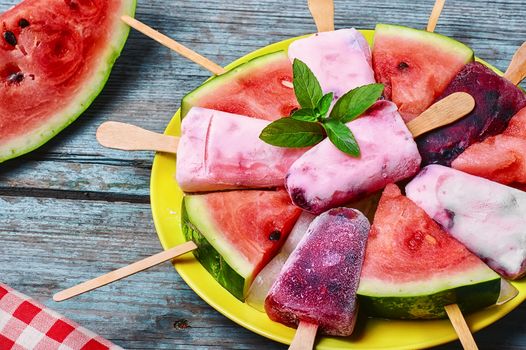 Fruit ice cream with berries and taste of watermelon