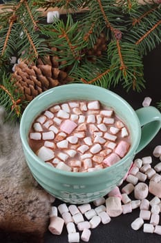 Hot chocolate with marshmallows and fur around.